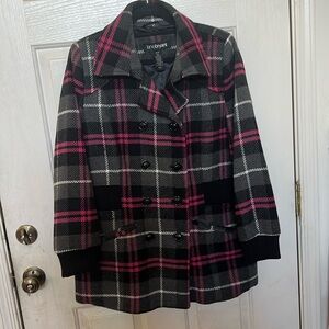 EUC Lane Bryant pink/black/gray plaid heavy wool coat. Size 18/20.